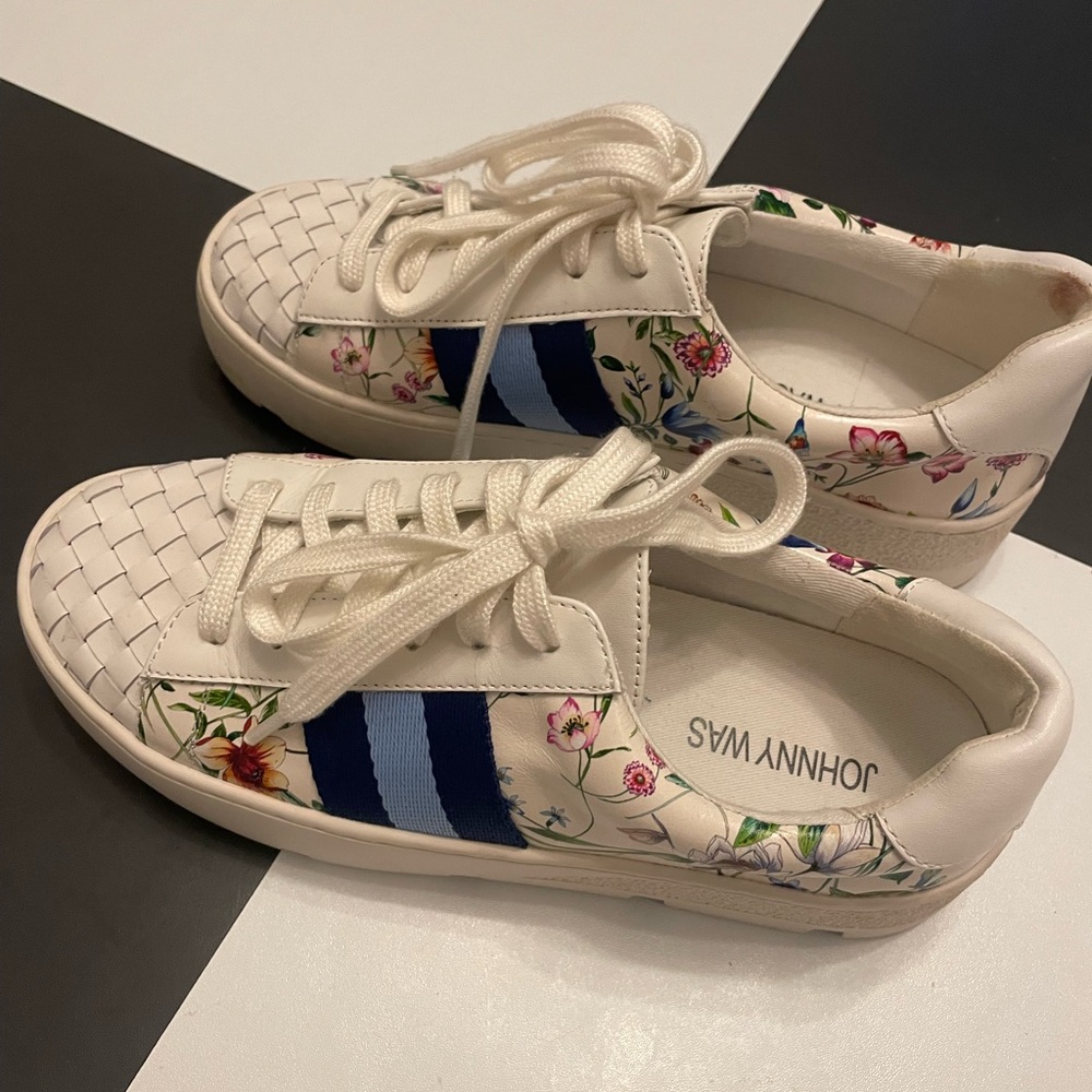 Johnny Was White and Blue Sneakers with Floral Design
